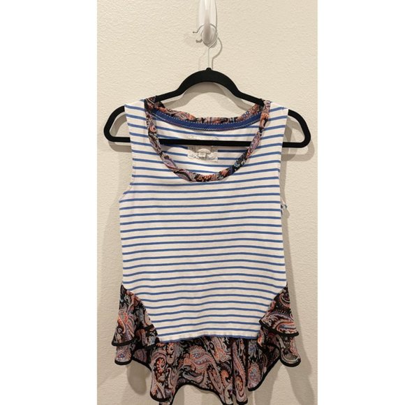 POSTMARK White Blue Stripe Paisley Peplum Ruffle Sleeveless Blouse - Picture 1 of 3
